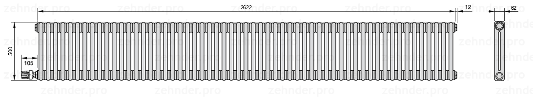 Схема (чертеж) Радиатор Zehnder Charleston 2050/57 №V004 Белый глянцевый RAL 9016